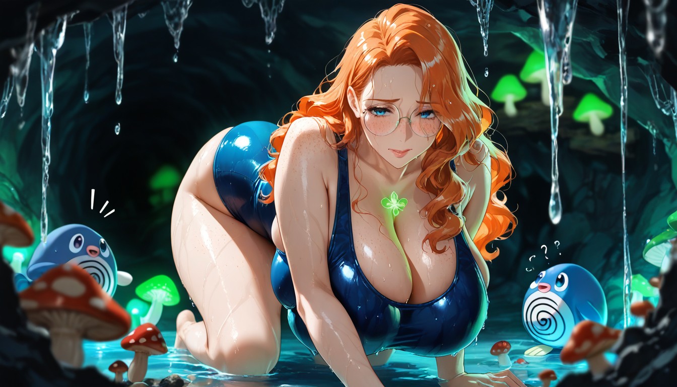 Mushroom Beside Woman, Blue One-piece Swimsuit, Girl Hentai AI Porn