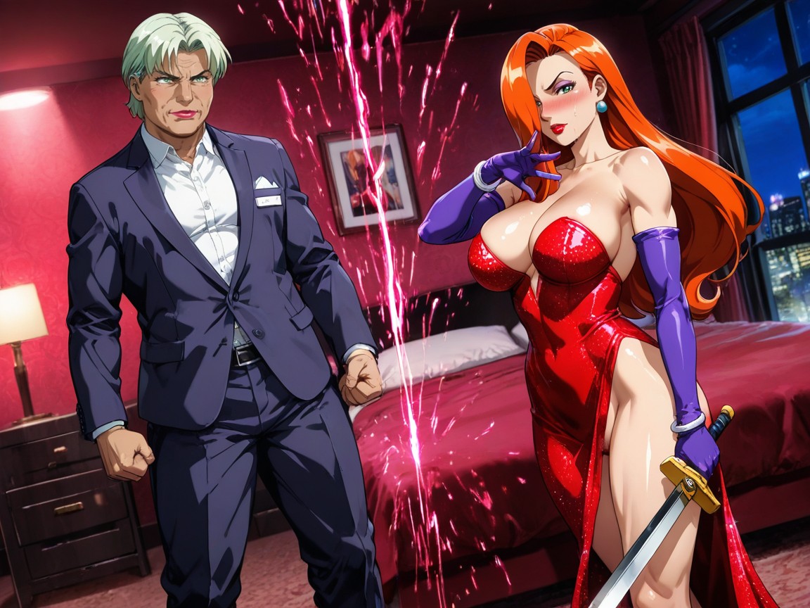 Red Coloured Ink Sprays Everywhere From The Asian Man, Long Ear Rings, Anatomically Correct Body Hentai IA