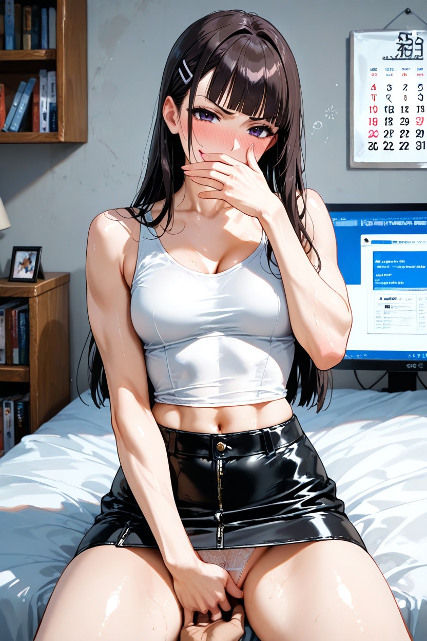 Hand Covering Mouth, Very Nice Long Straight Hair, Long Straight Hair With Blunt Bangs Hentai AI Porn