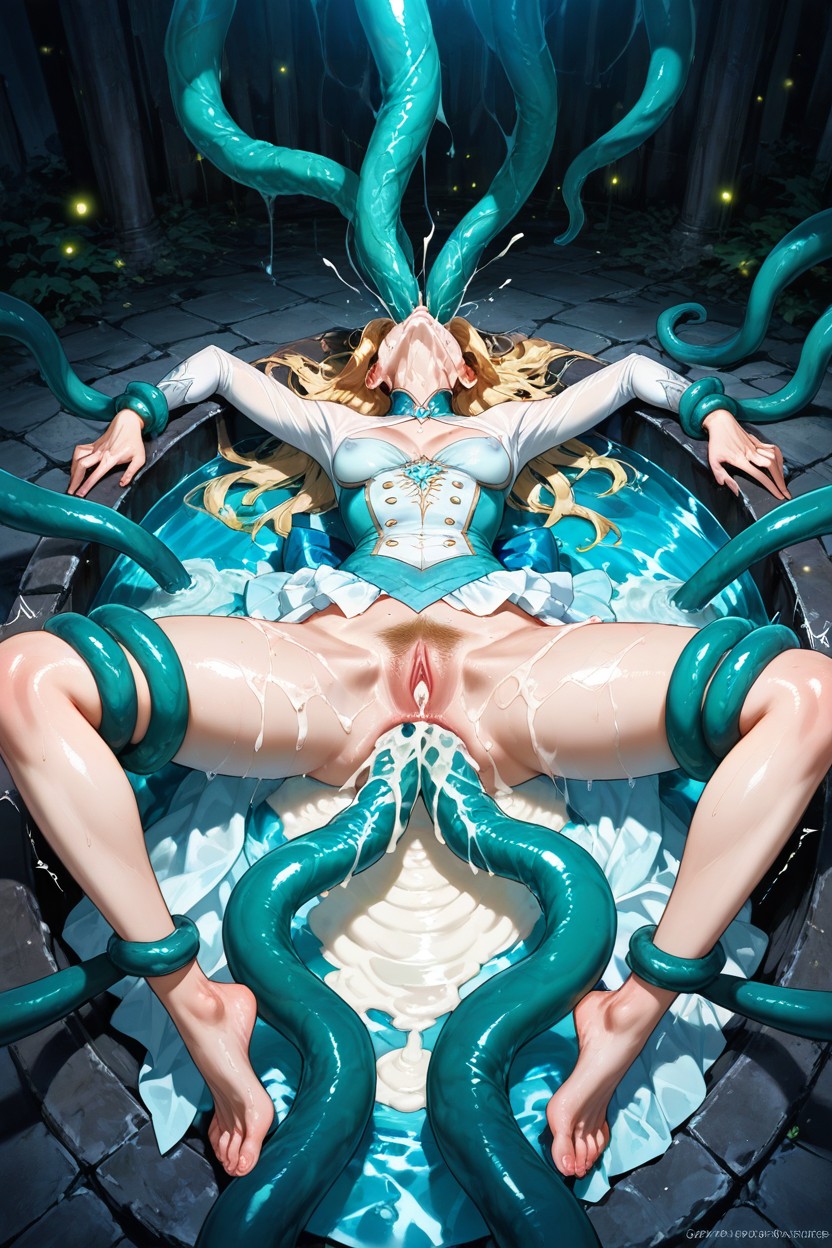 Semi-realism, Detailed Blonde Pubes, Canonical Pale Blue Princess Outfit Hentai AI Porn