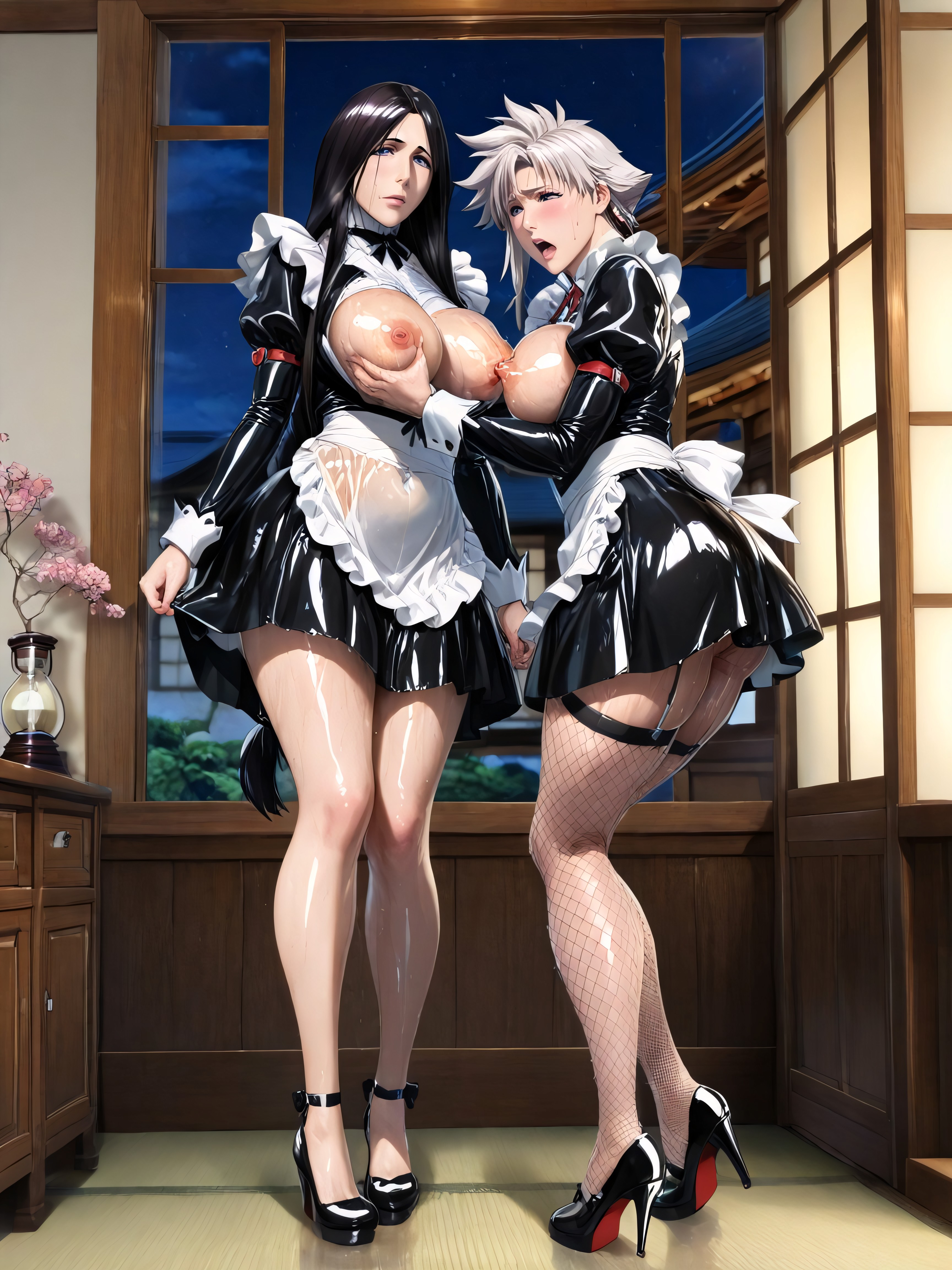 Night, Girls, Both Wearing Shiny Transparent Full Black Gothic French Maid With Skirt Hentai AI Porn