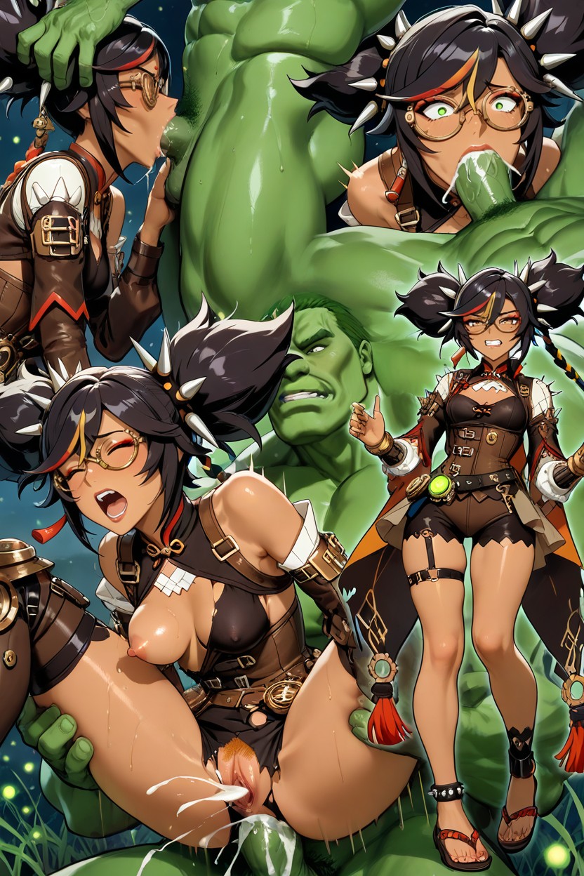 Glasses, Clenched Teeth, Fucked By Three Green Hulk Twice Her Size Hentai AI Porn
