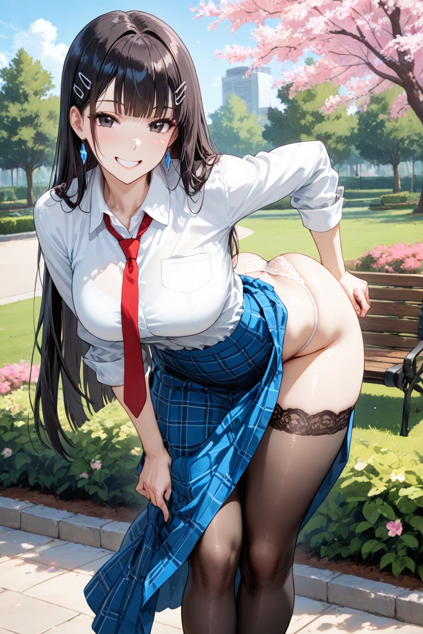 Happy, Beautiful Dark Haired Japanese, Blue Checked Skirt Hentai AI Porn