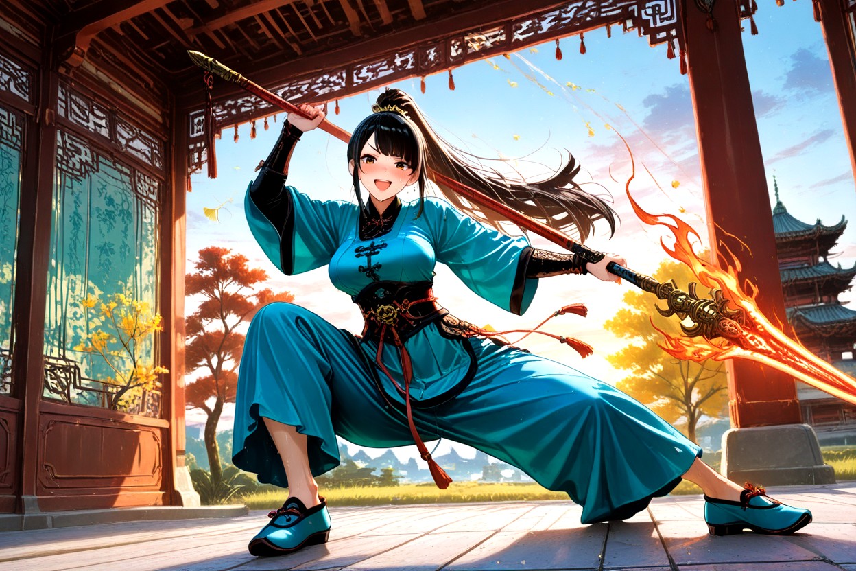 Long Black Hair, One Hand Raising Chinese Phoenix Spear, Spear Fiery Trail Hentai AI Porn