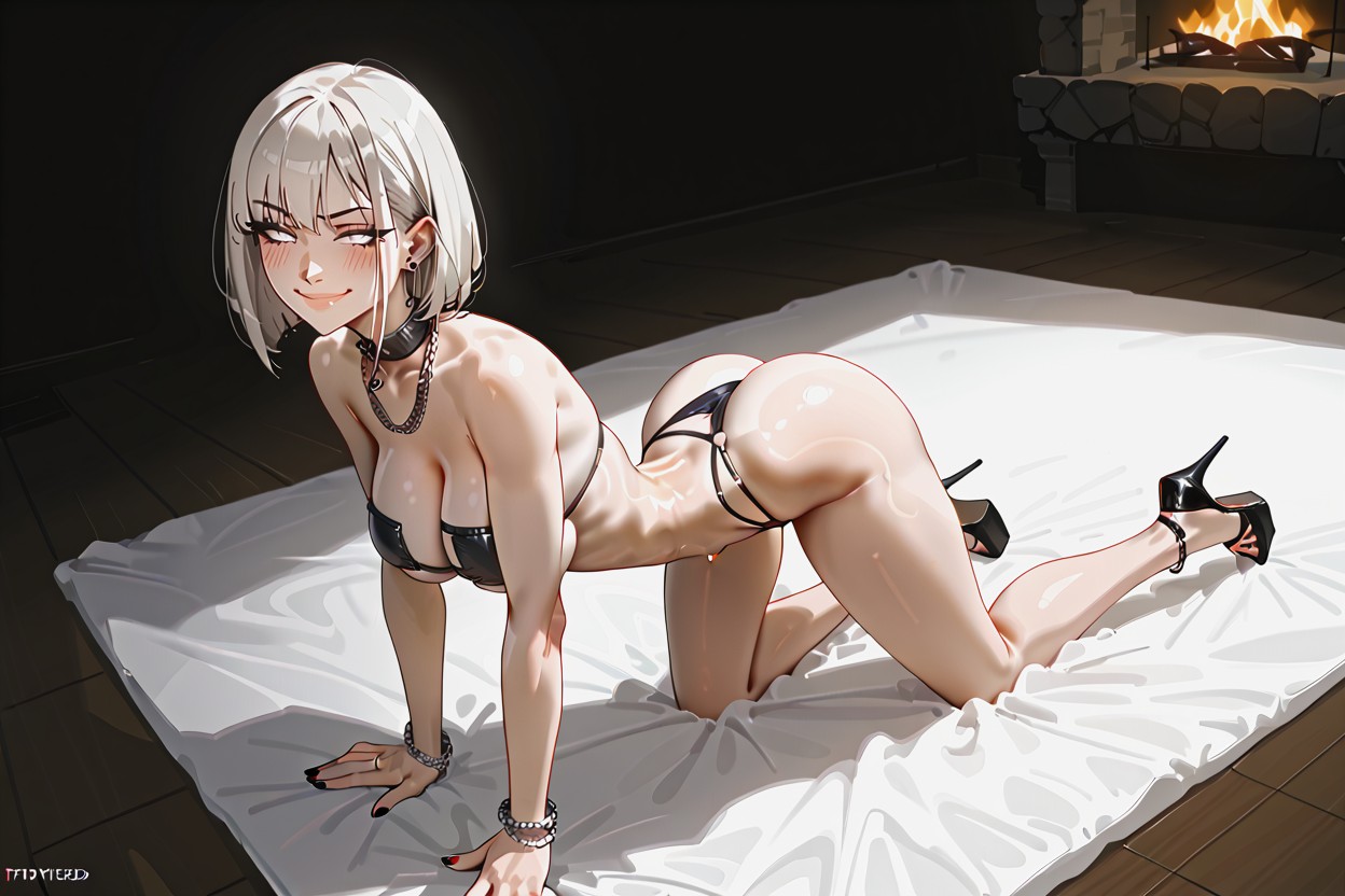 Looking Up At The Viewer, Ultra Horny, Metallic Black Bandeau Bikini Hentai AI Porn