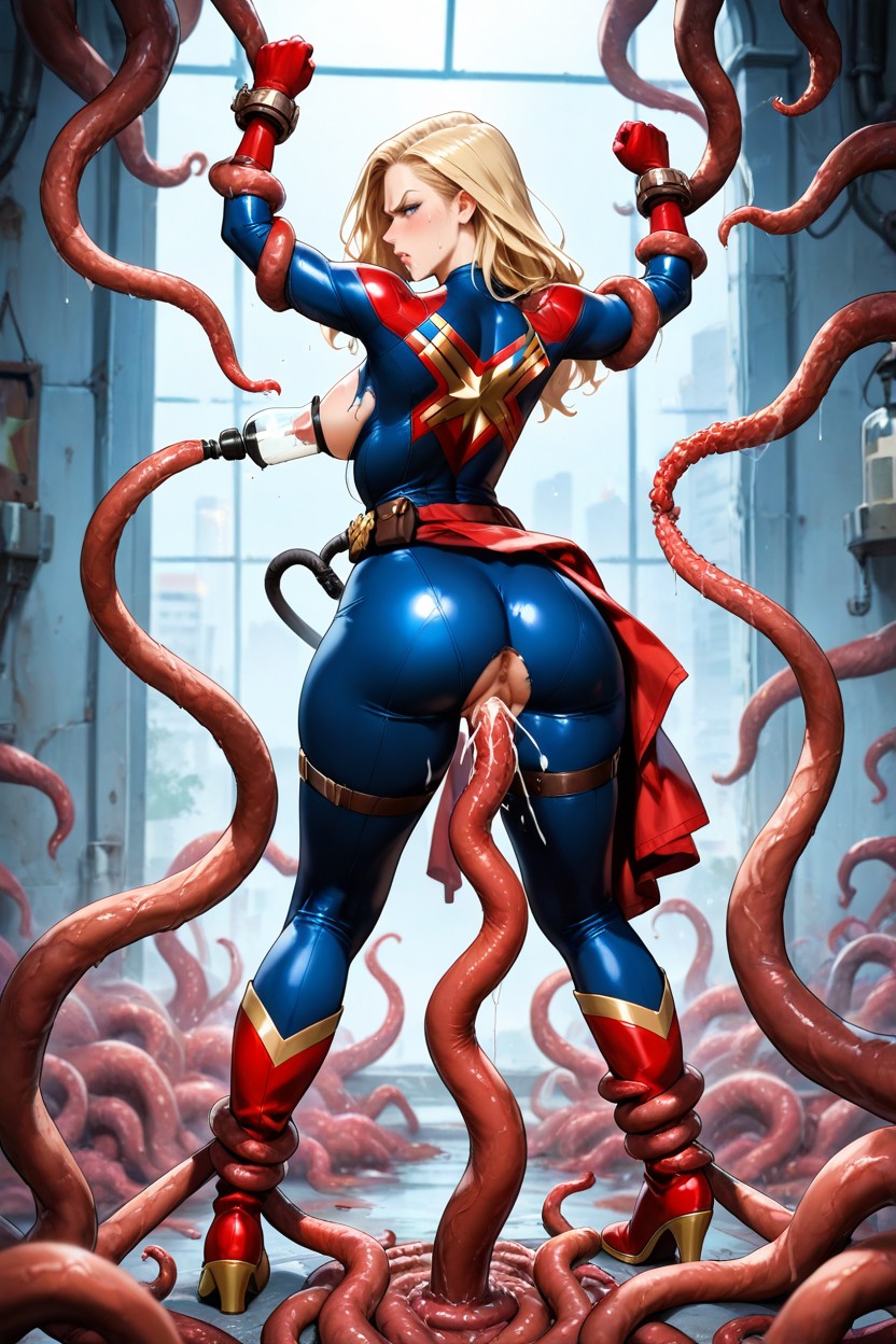 Captain Marvel's Outfit, Blue Eyes, Red Tentacles Grabbing Arms Hentai AI Porn