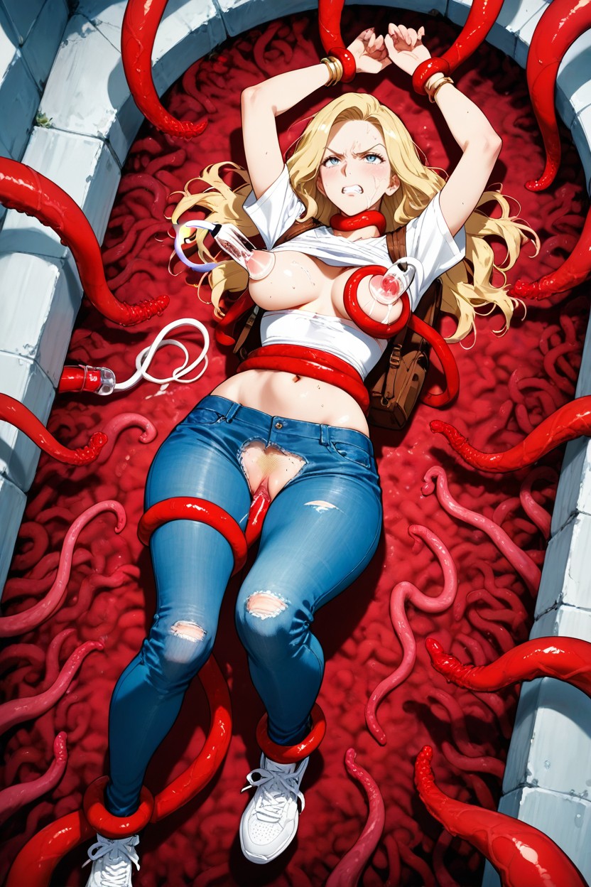 Exposed Pussy, Brown Backpack, Flowing Blonde Hair Hentai AI Porn
