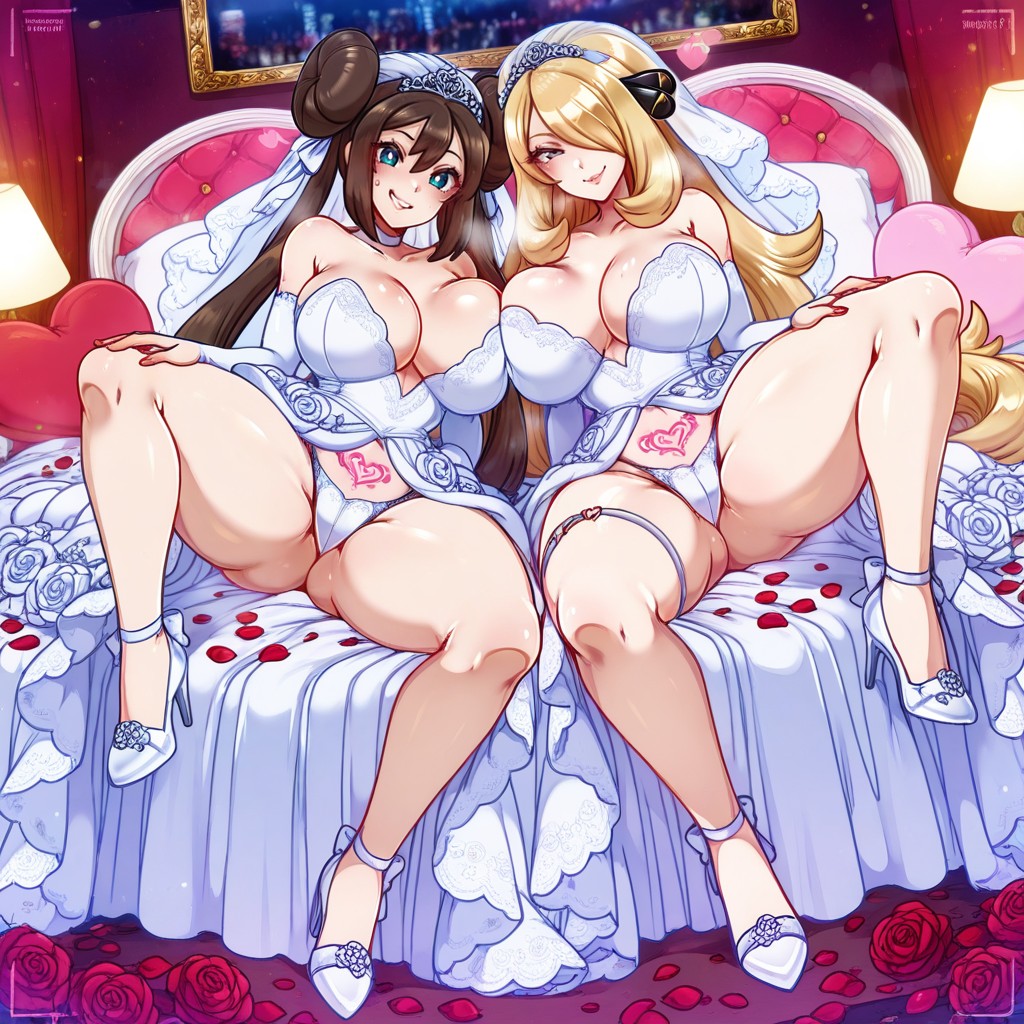 Pink Love Hotel Bedroom, Steamy Breath, Both Women Side By Side Hentai AI Porn