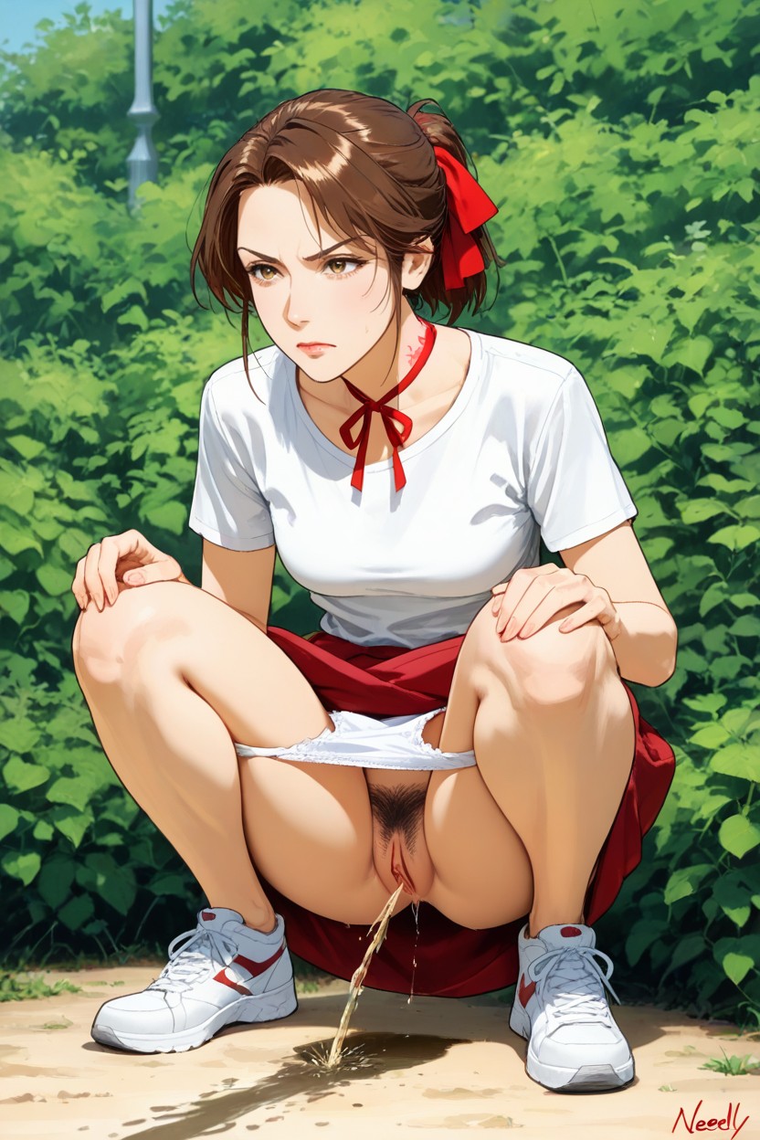 Hem Crumpled On Knees, Looking Ahead, Small Breasts Hentai AI Porn