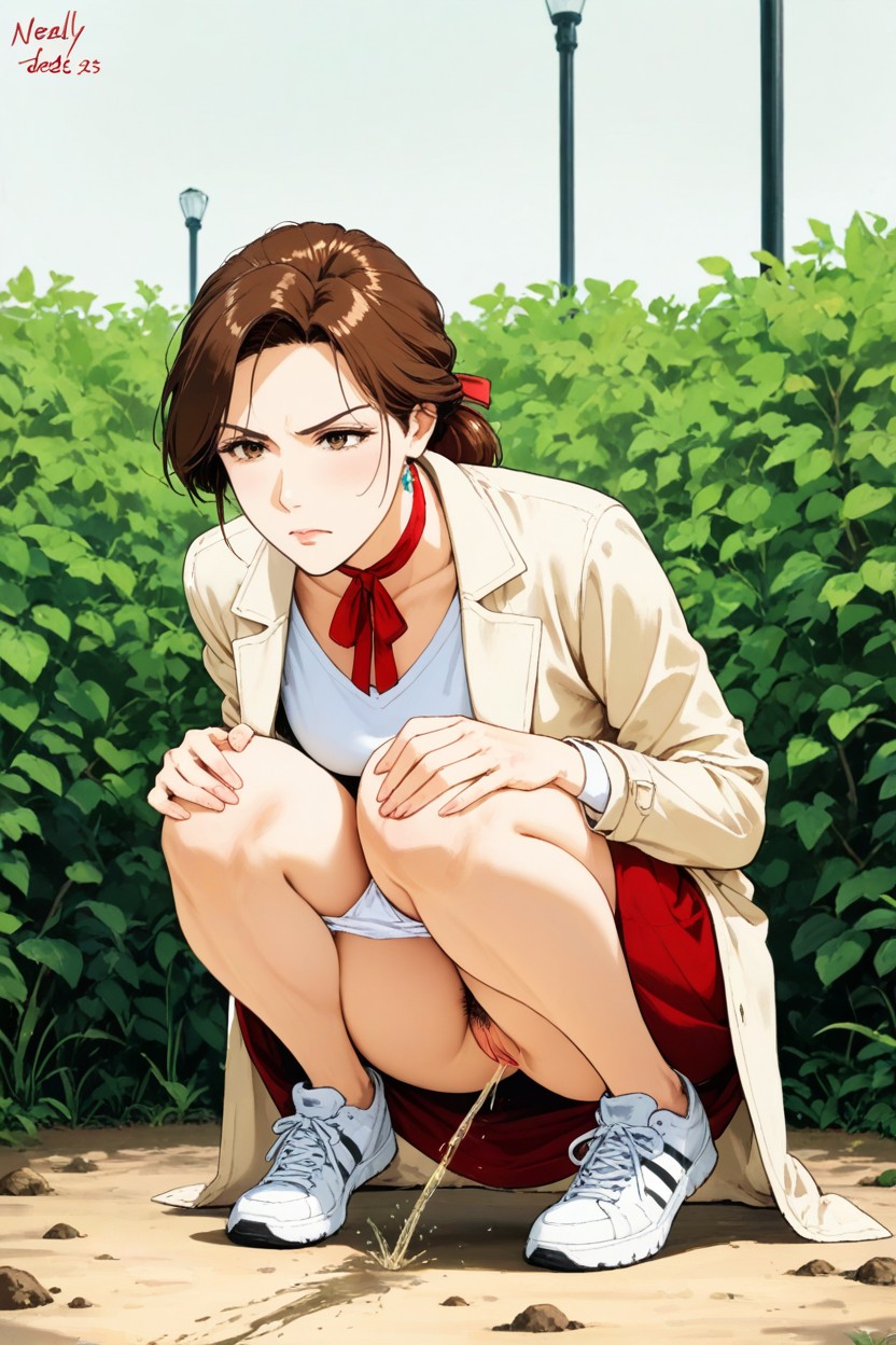 Wearing Back Skirt Under Topping Beige Coat, Walk Sneakers, Hands On Knees Hentai AI Porn