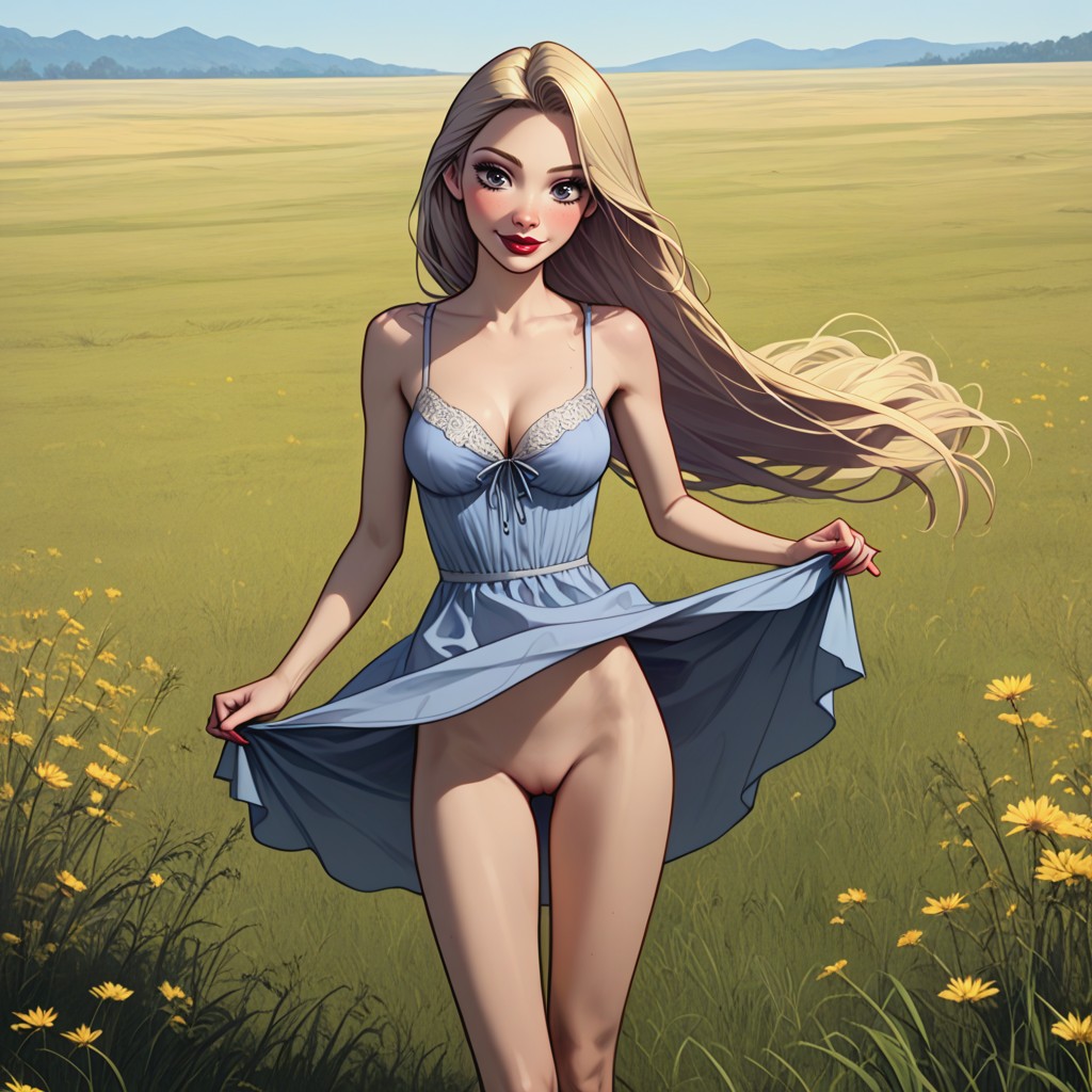 Skinnyleg, Fitted Blue Sundress, Realistic Hentai AI Porn