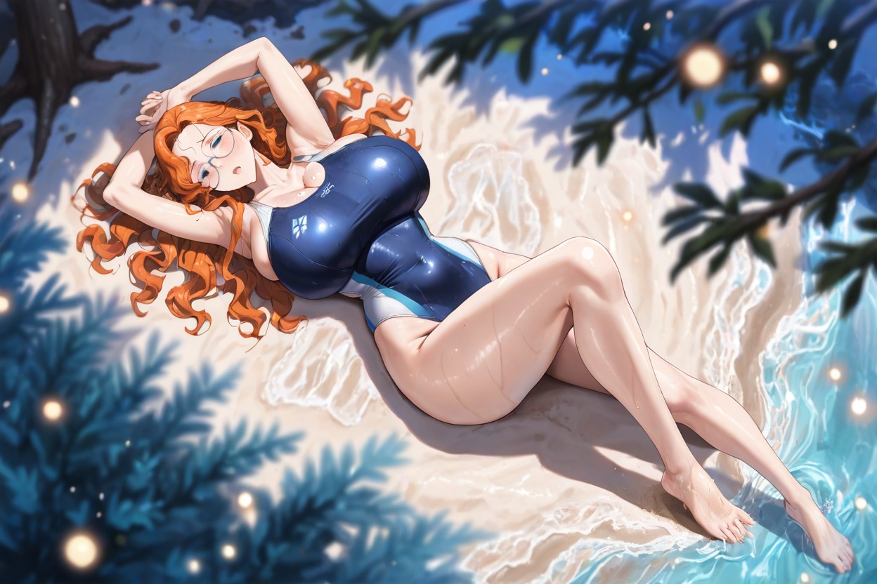 Woman Lying On Back On Shore, Full Body, Mouth Slightly Open Hentai AI Porn