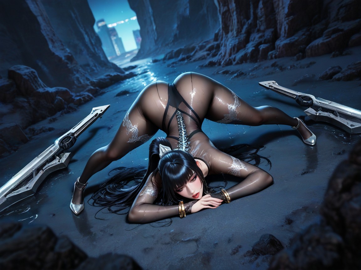 Form Fitting Clothes, Futuristic Dark Grey Metal Wrist And Ankle Bangle, Horny Hentai AI Porn