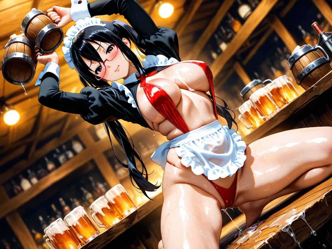 Black And Dark Red Straps, Newest, Slingshot Tavern Maid Outfit Hentai AI Porn