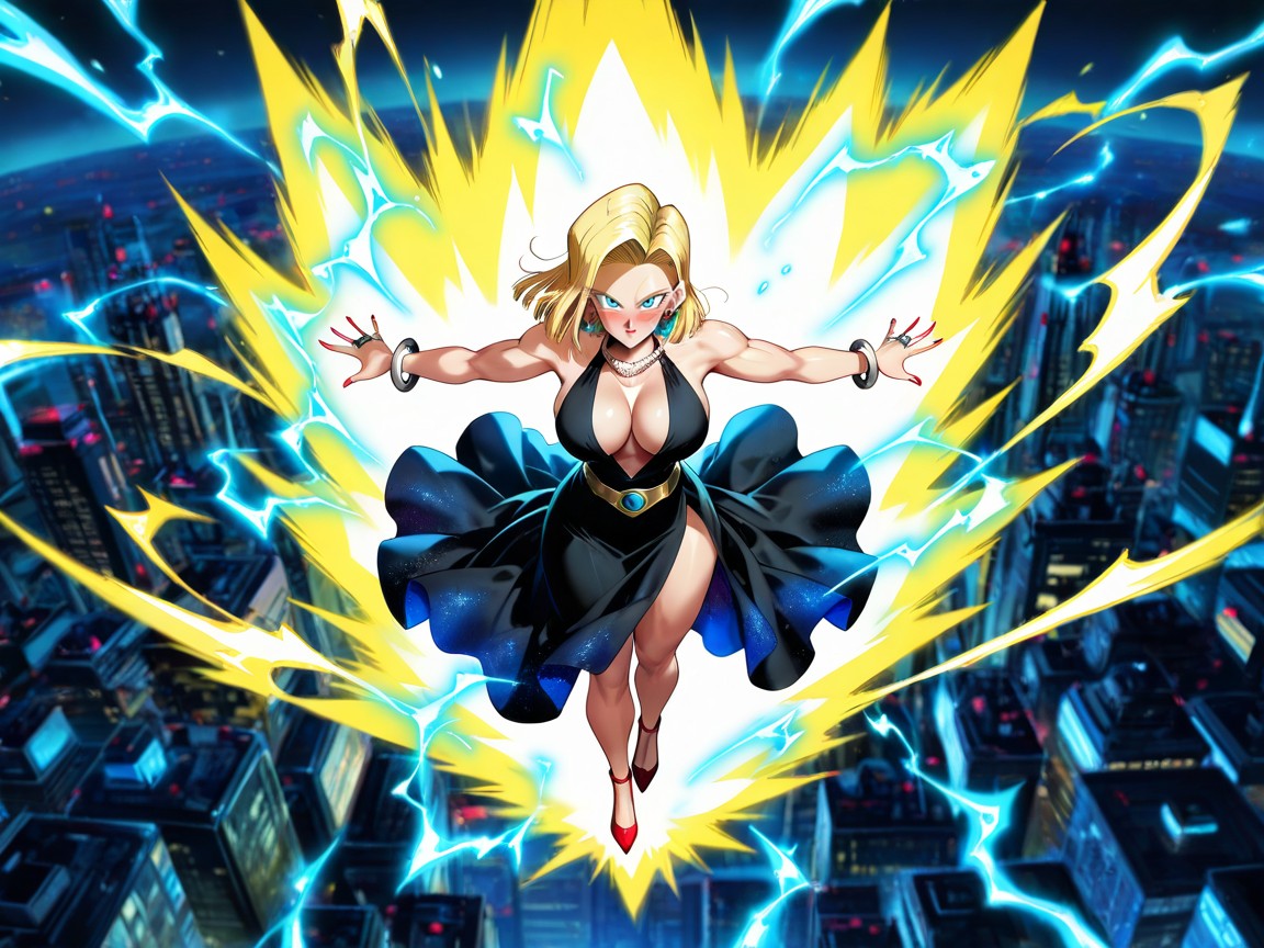 Plunging Neckline, Sparks Of Blue Electricity Everywhere Around Body, Fit Athletic Body Hentai IA