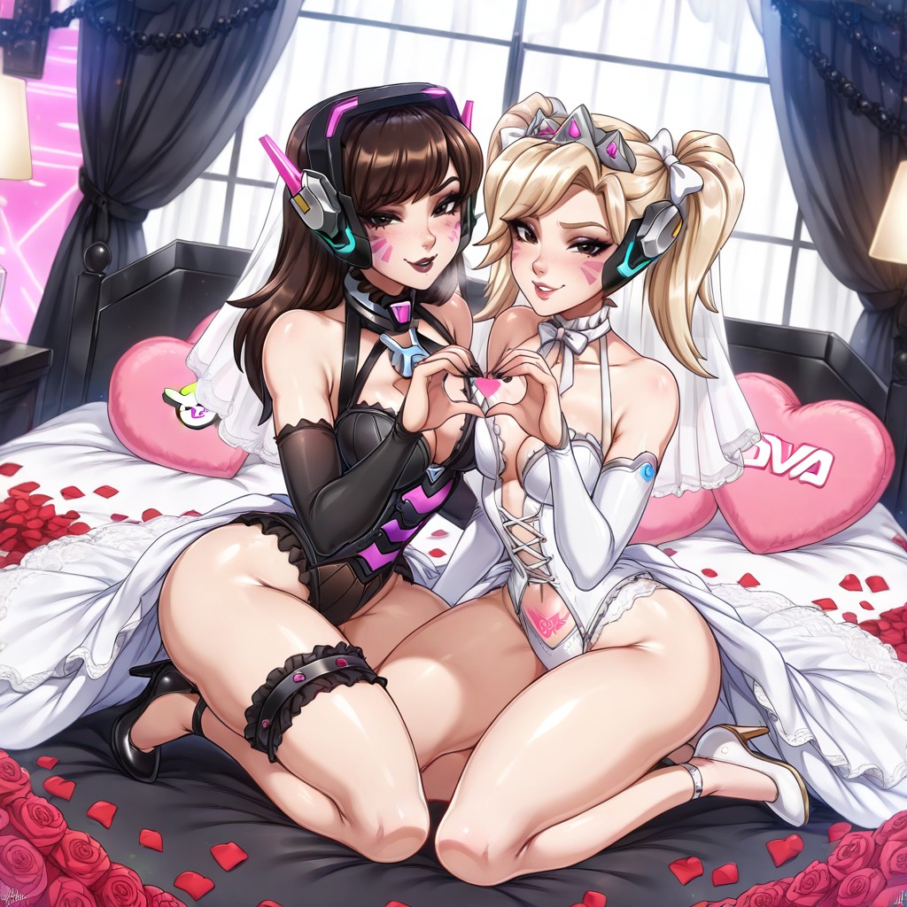 Pink Heart-shaped Bed, Goth Dva From Overwatch, Pink Love Hotel Bedroom Hentai AI Porn