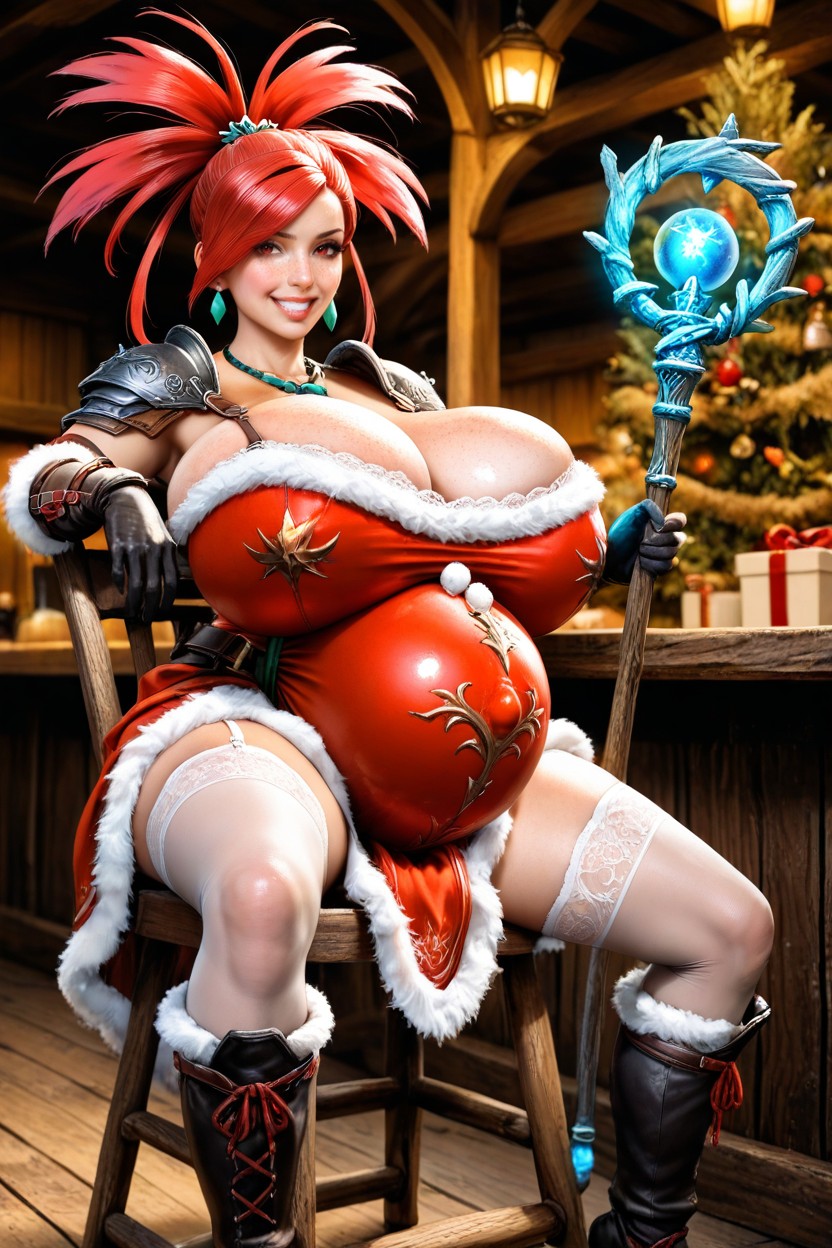 Puffed Cheeks, White Lace Stockings, Sitting Down Legs Spread Hentai AI Porn