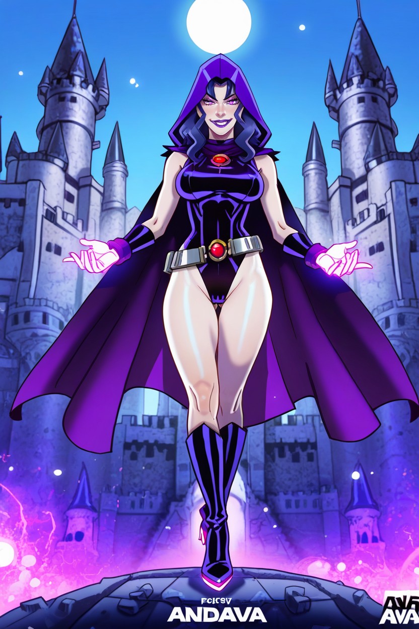 Raven From Dc, Cape, Body Outline Glowing Purple Hentai AI Porn