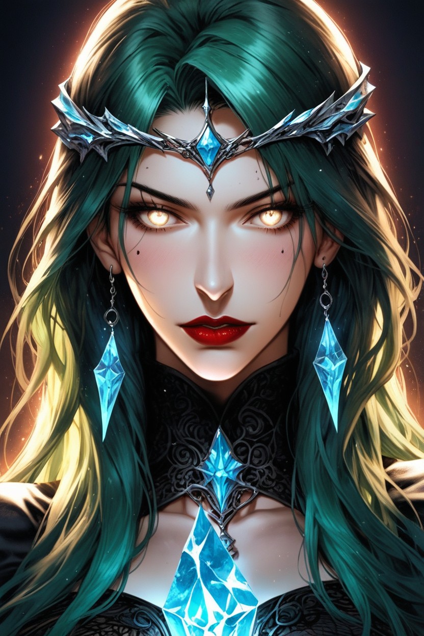 Bathed In Dramatic, Voluminous Green Hair Flows Dynamically Around Her Head, Sculpted Chin Her Gaze Is Intense And Direct Hentai AI Porn