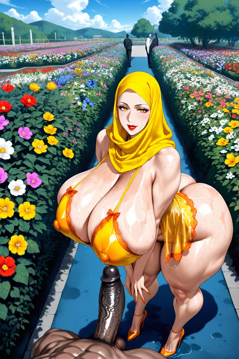 Open Sky, An Arabian Woman Bending Over, A Mascular Man Standing Behind Woman Hentai AI Porn