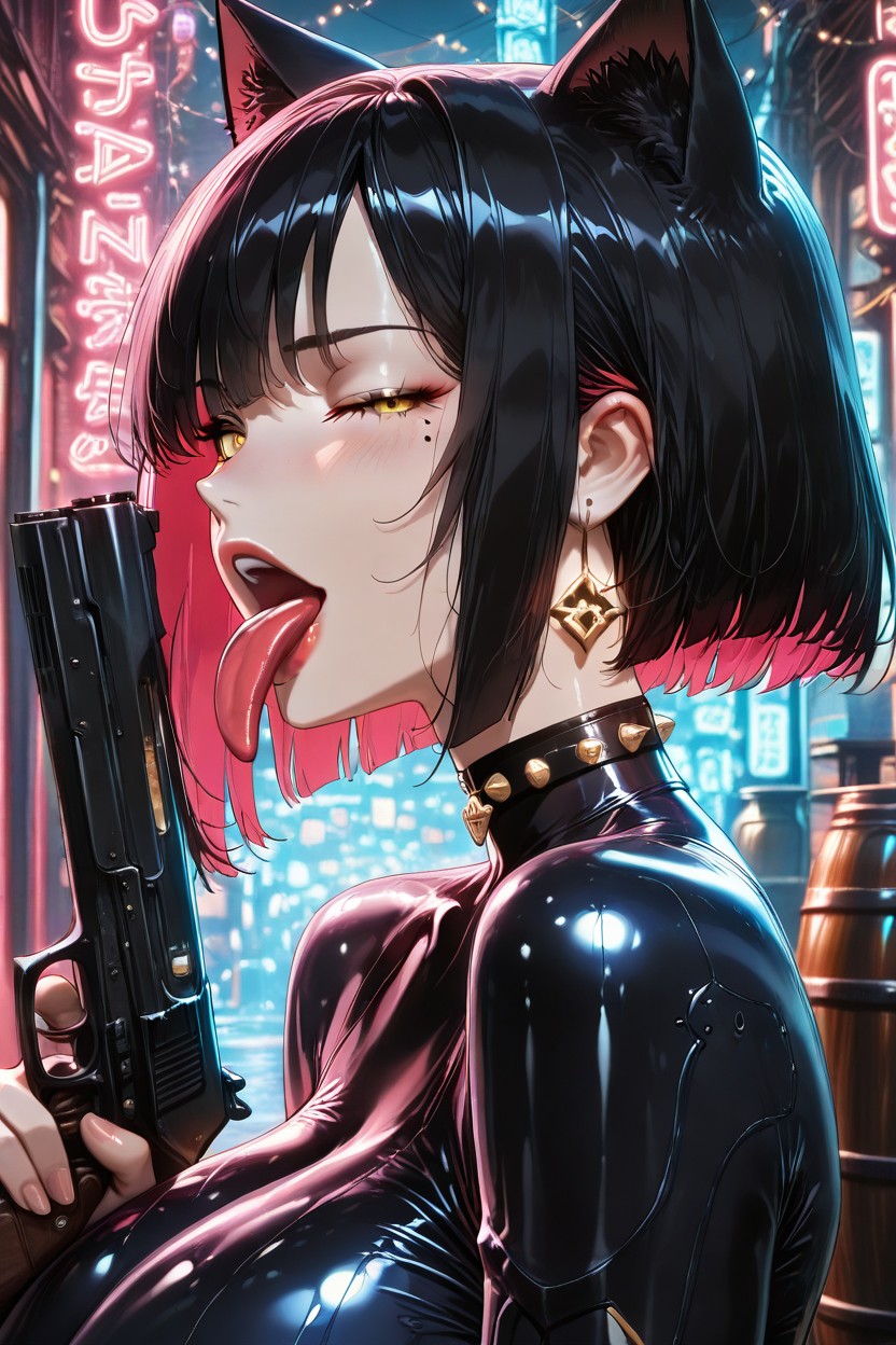 Woman Holding Gun, Neatly Ends, Close Up View Hentai AI Porn