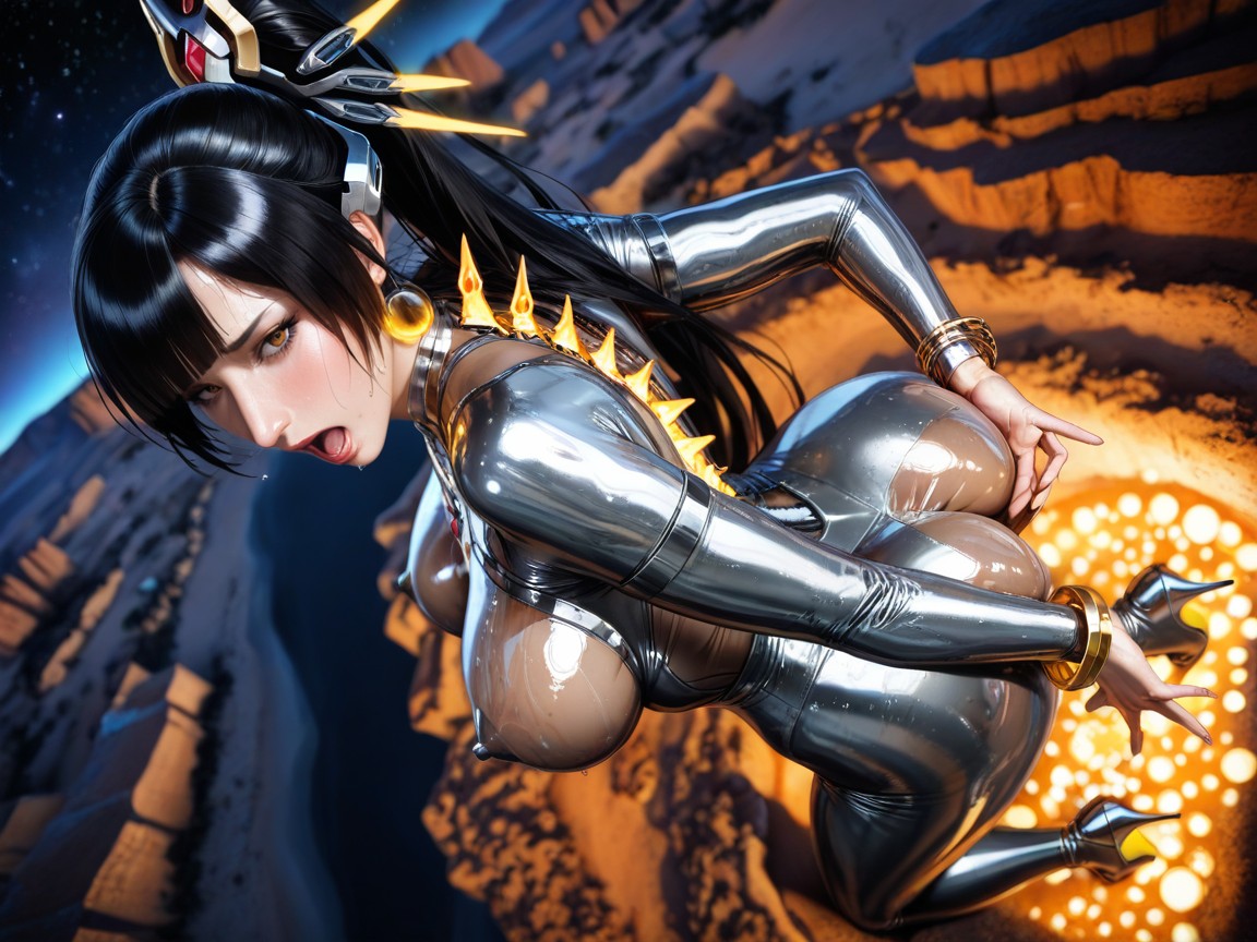 Cybernetic Winged Metal Heels, Slicked Long Straight High Ponytail, Eve Is A Woman With Brown Eyes And Black Hair Hentai AI Porn