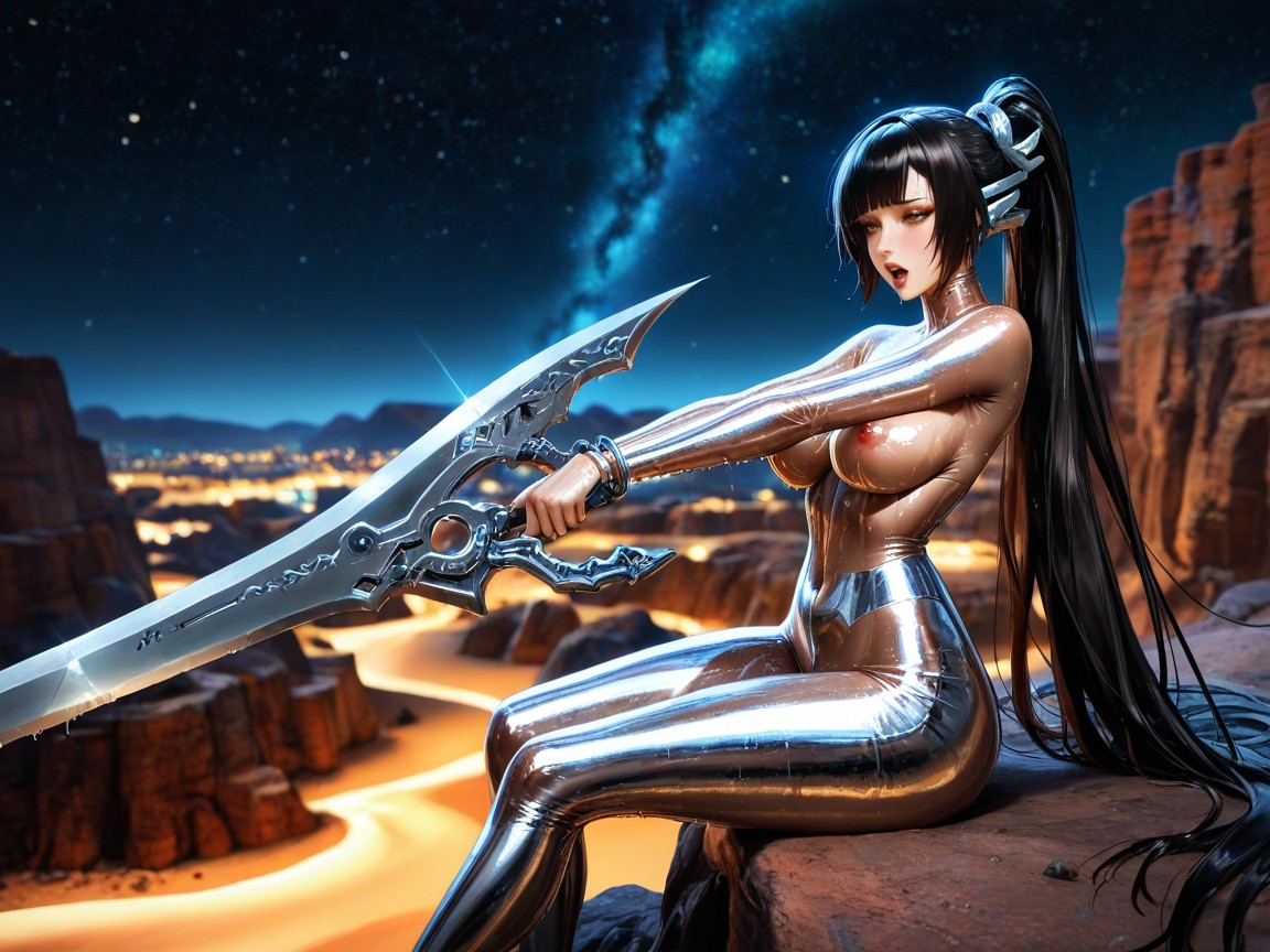 Detailed Environment, Holding A Gigantic Elegant Futuristic Blade Weapon, Medium Breast Hentai AI Porn