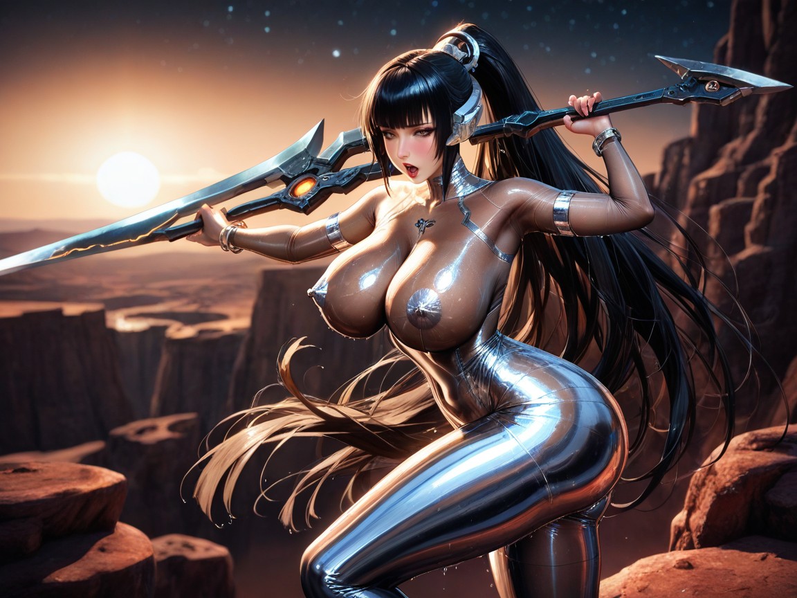 Stellar Blade, Bodystocking Has Ornate Futuristic Silver Metallic Seam Lines, Holding A Gigantic Elegant Futuristic Blade Weapon Hentai AI Porn