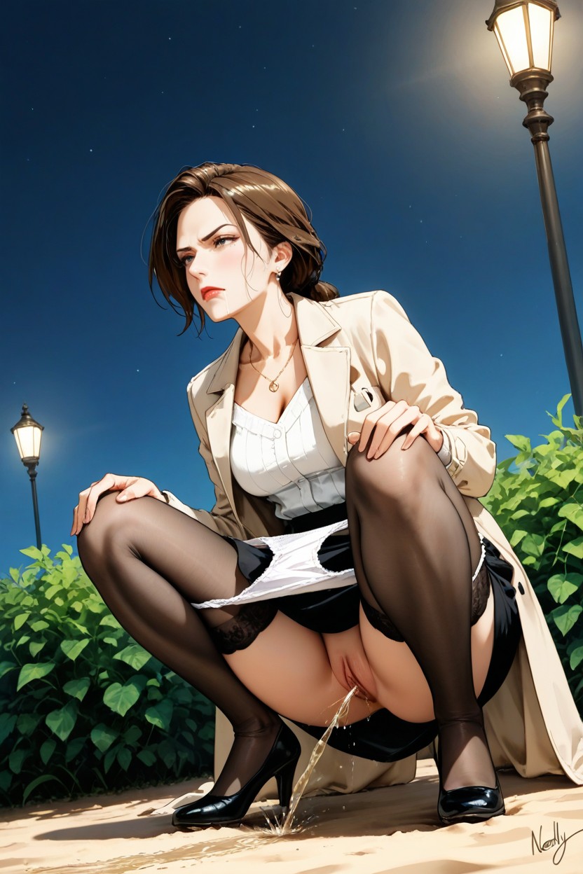 Hands On Knees, Sexy Crotch, Brown Hair Hentai AI Porn