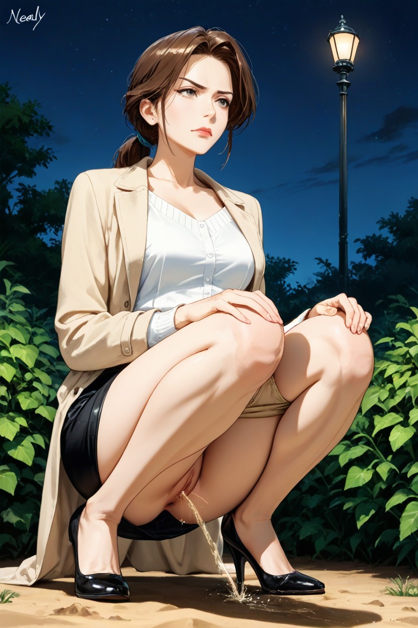 Neatly Ends, Dripping Urine Legs, Wearing Back Skirt Under Topping Beige Coat Hentai AI Porn