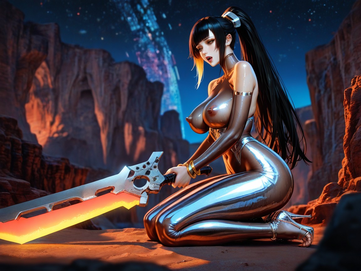 Futuristic Silver Metallic Winged Stilettos, Kneeling, Emotional Storytelling Composition Hentai AI Porn