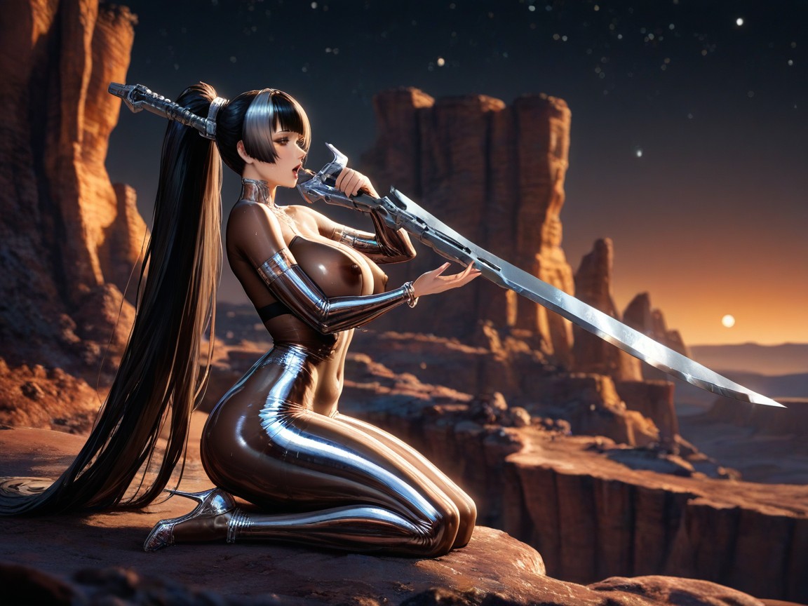 Night, Amidst Cyberpunk Village Built Into Tall Cliffs, Horny Hentai AI Porn