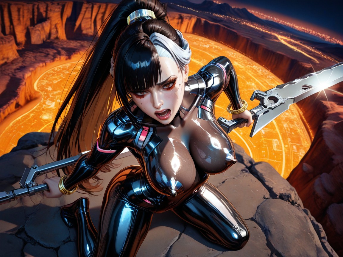 Holding A Gigantic Elegant Futuristic Blade Weapon, Amidst Cyberpunk Village Built Into Tall Cliffs, Kneeling Hentai AI Porn