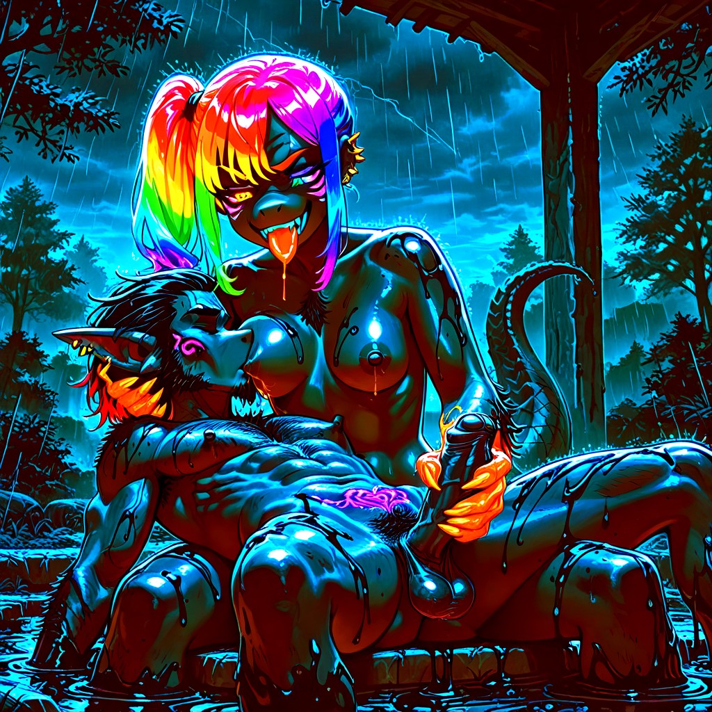 Nursing Handjob, Rain, Swollen Penis Hentai AI Porn