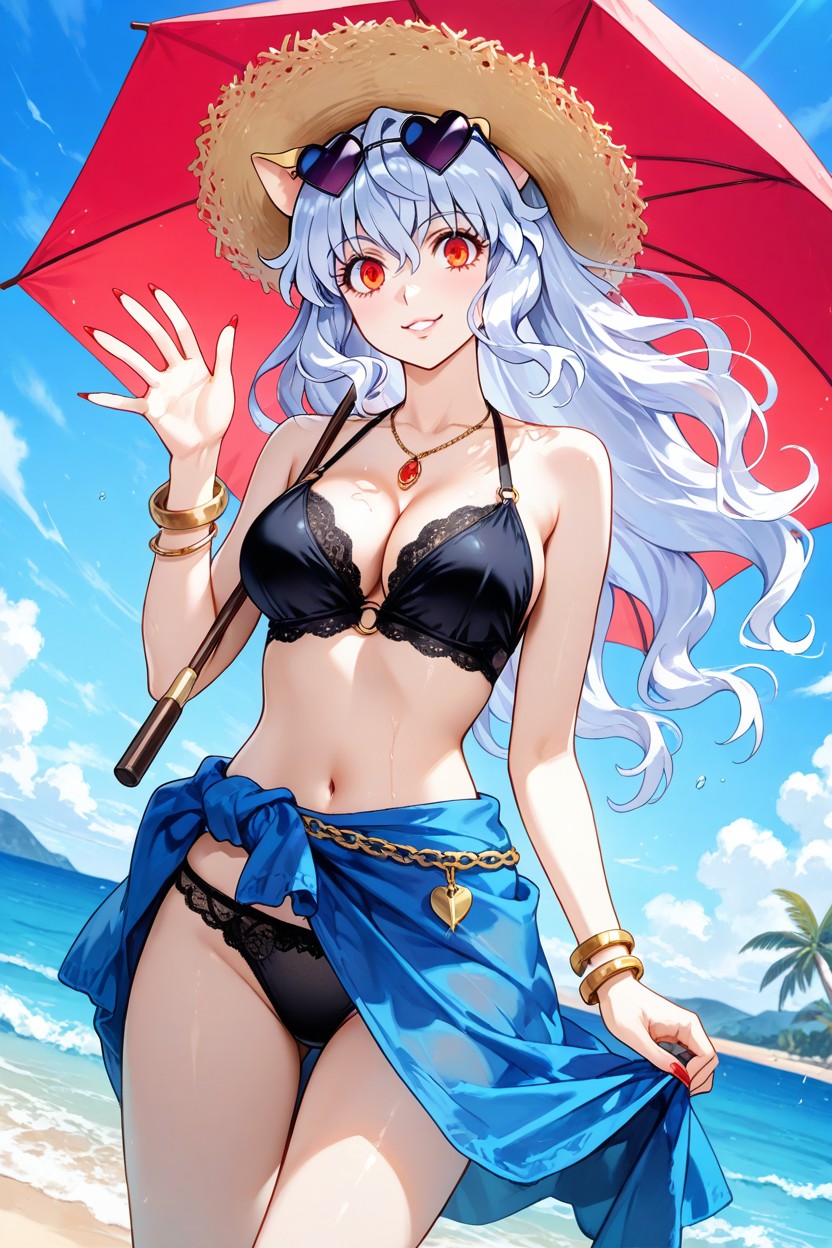 Dutch Angle, A Lace Bra Peeking Out From Underneath, Standing Near Large Rocks To One Side Hentai AI Porn