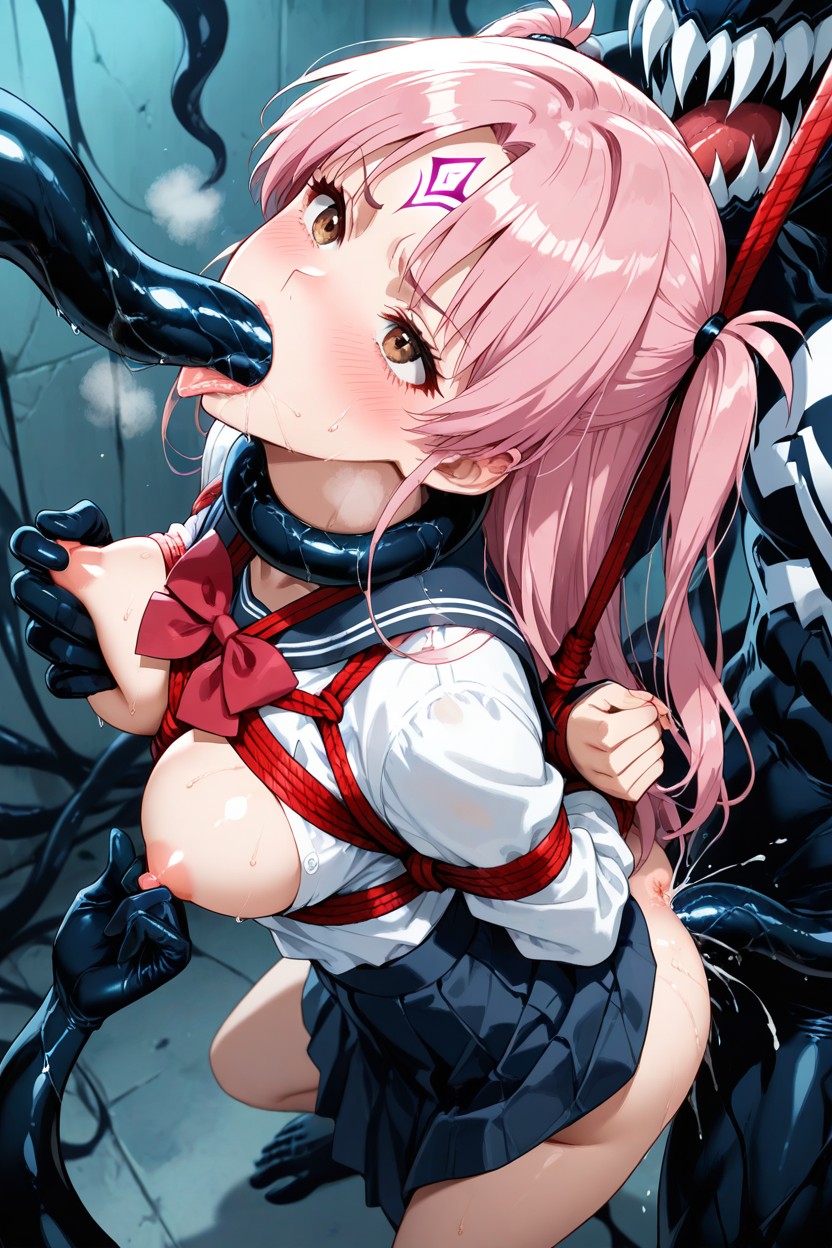 Hands Cuffed Behind Back, Middle Part Bangs, Long Side Strands Hentai AI Porn