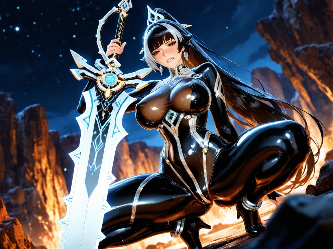 Squatting, Ultra Quality, Straight Front Bangs Hentai AI Porn