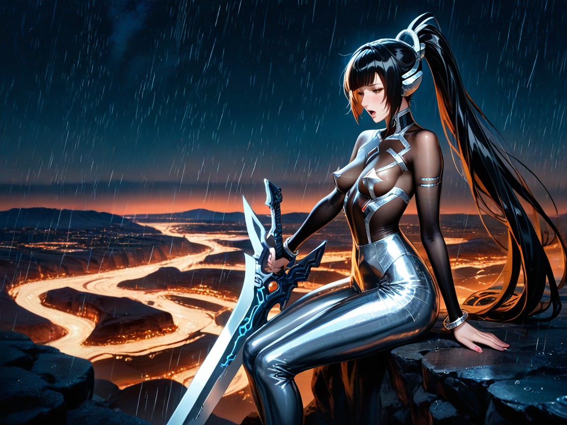 Holding A Gigantic Elegant Sleek Blade Sword, Hourglass Waist, Clean Linework Look Hentai AI Porn