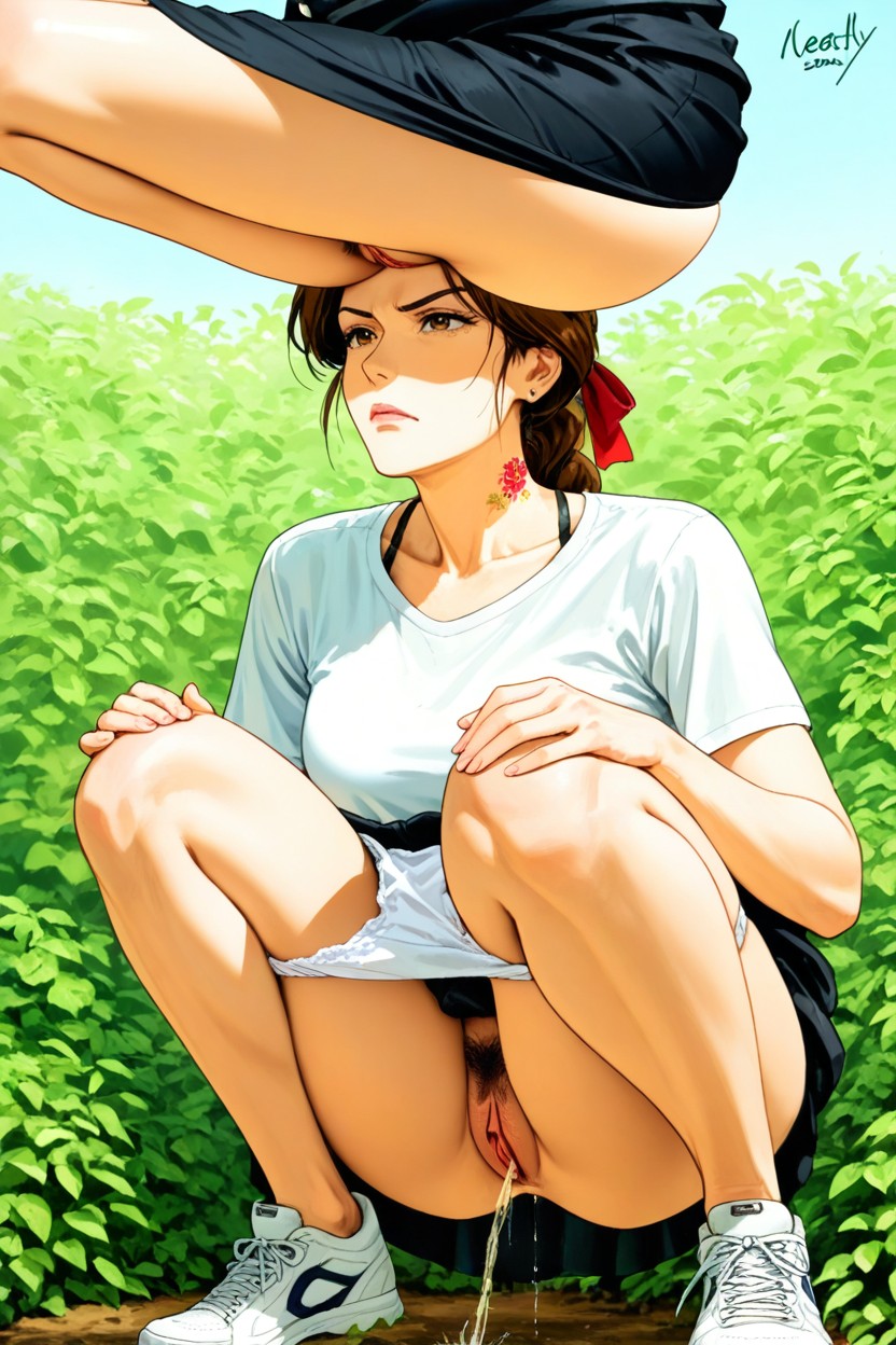 White T-shirt, Urine Slightly Dripping Down From Pussy, Thighs Hentai AI Porn