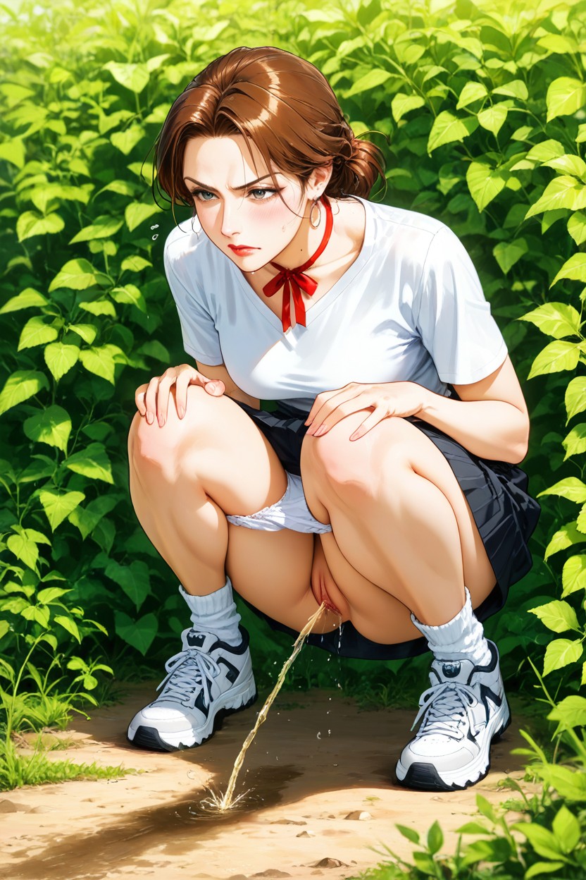 Red Ribbon On Neck, Inclined To Knees While Wide Spread Feets, Accurate Pussy Streaming Pee Drops Hentai AI Porn