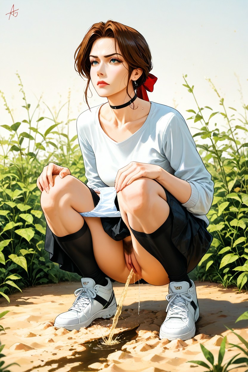 Accurate Pussy Dripping Peeing, In The Tall Bushes, Straight-angle View Hentai AI Porn