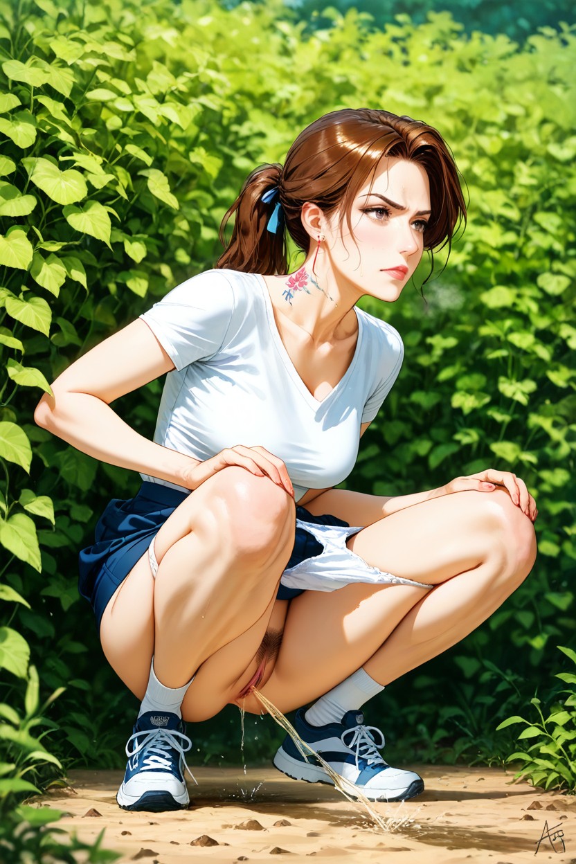Gets Up From A Squatting Position, Hand On Knees Crossed, Red Ribbon On Neck Hentai AI Porn