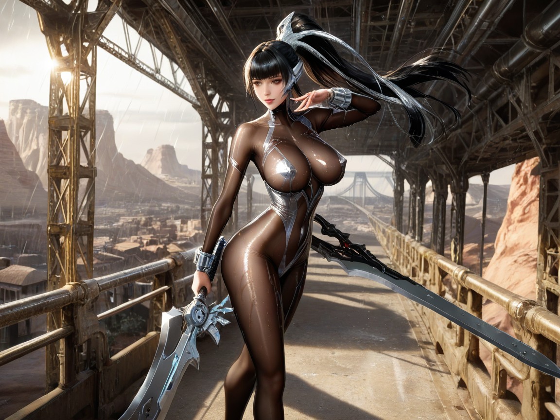 Slicked Back High Ponytail, Desaturated Colour Tones, Futuristic Silver Winged Shoes Hentai AI Porn