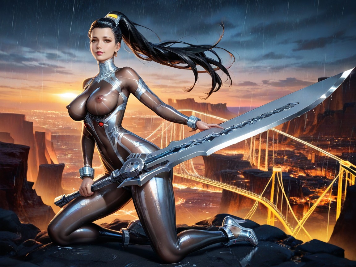 Futuristic Gigantic Silver Metallic Hair Ornament, Desaturated Colour Tones, Medium Breast Hentai AI Porn
