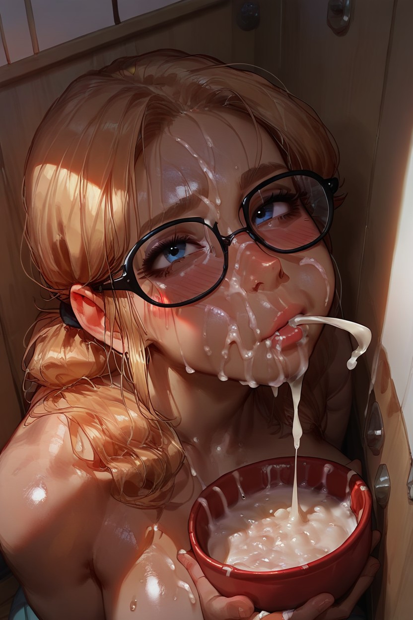 Perfect Stomach, Indoors, Closeup On Face Drinking Cum From The Bowl Hentai IA