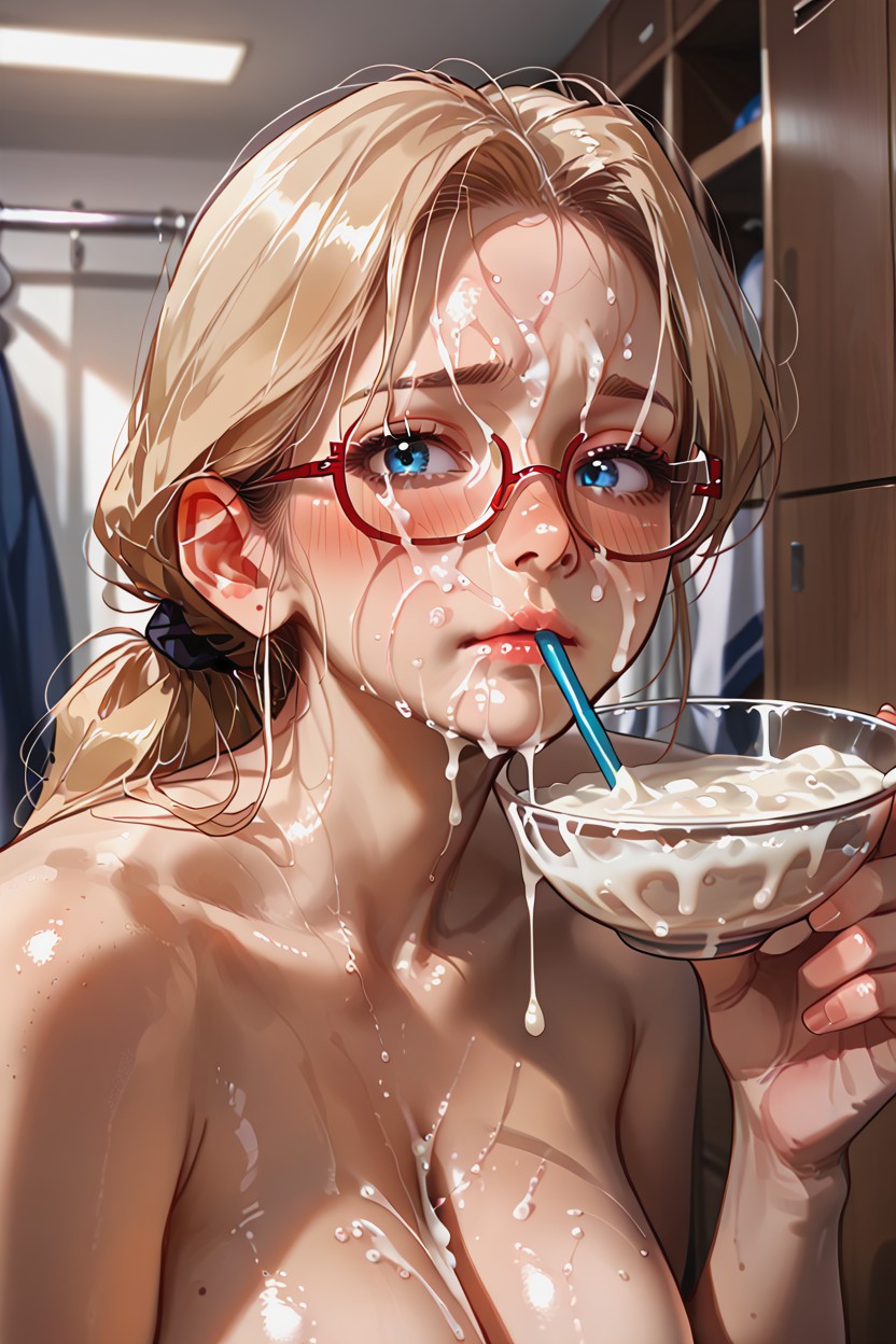 Holding Large Glass Bowl And Drinking, Close, Blue Eyes Hentai AI Porn
