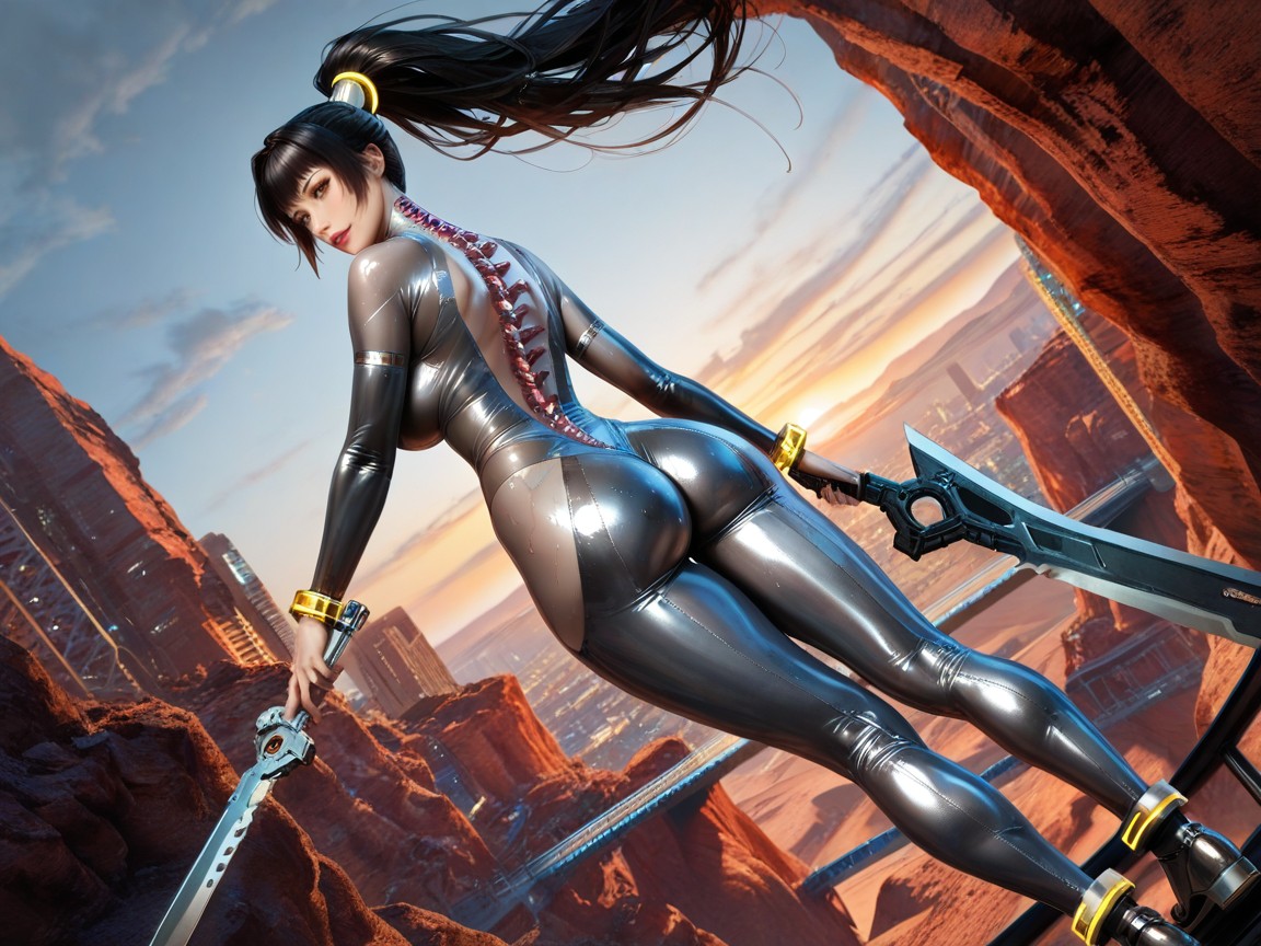 Model, Futuristic Gigantic Grey Metallic Hair Ornament, Dusk Hentai AI Porn