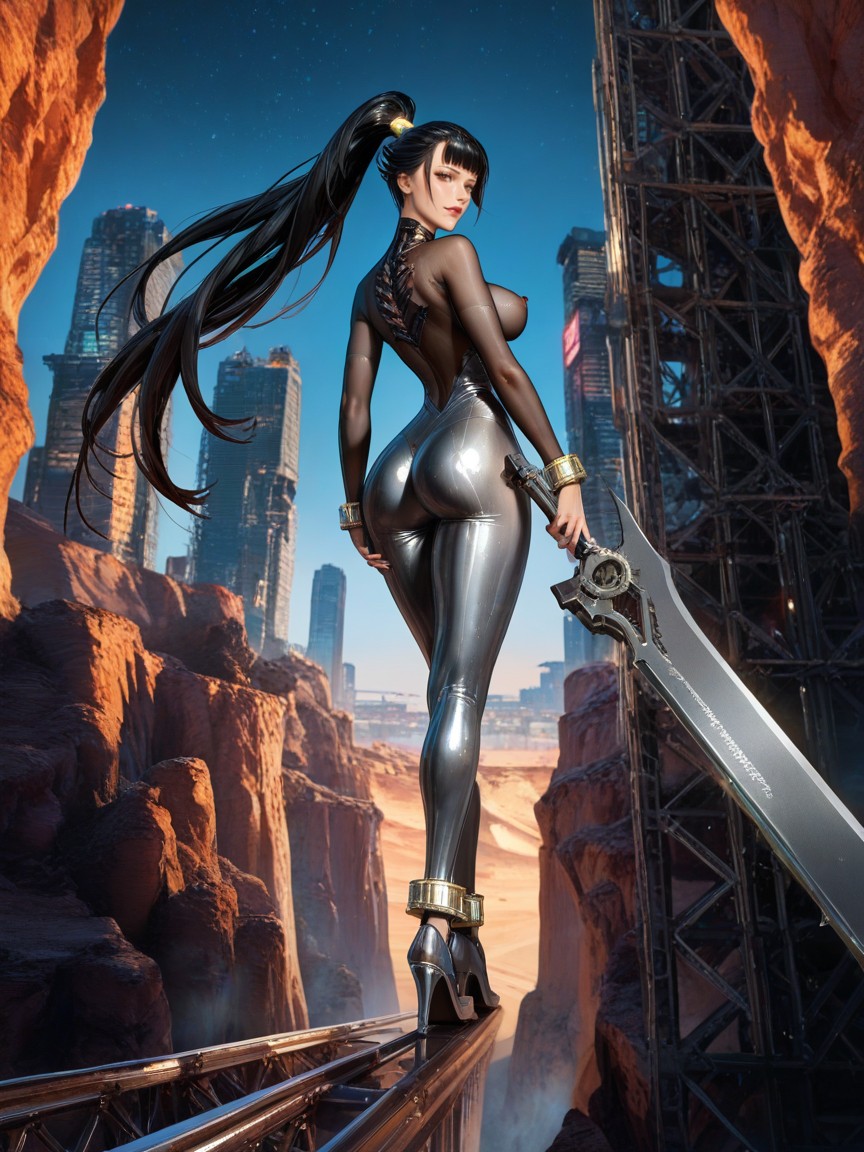 Front Bangs, Eve From Stellar Blade, Industrial Cyberpunk City Built Inside Tall Cliffs Hentai AI Porn