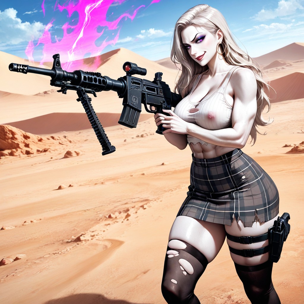 Dieselpunk, Intense Fierced Aura Standing Proudly, Flying Bullets Hentai AI Porn