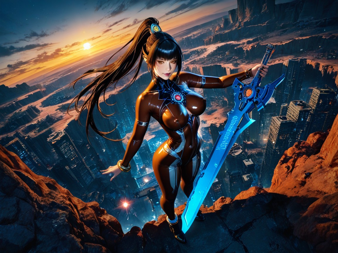 Top Down, Standing On A Suspended Metal Bridge, Industrial Cyberpunk City Built Inside Tall Cliffs Hentai AI Porn